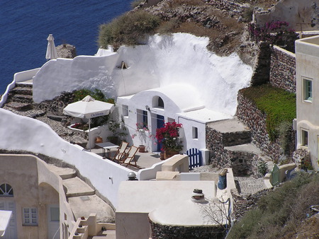 Greece - summer, greece, greek island, cliff house, white, view, santorini, home, balconi, architecture, house, flowers, sea