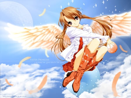 pretty angel - sky, angel, girl, blue, anime, wings, heaven