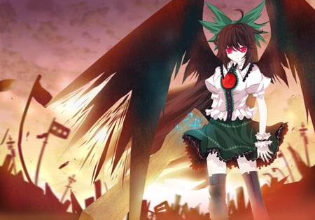 Reiuji Utsuho - anime, mahou, touhou, magic, reiuji utsuho, black wings