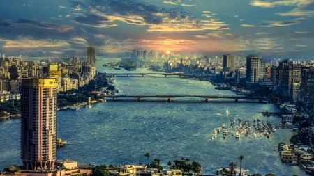 nile river panorama of cairo hdr - paorama, river, city, hdr, sunset, bridges