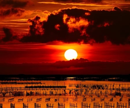 Sunset over the Sea - clouds, sunset, nature, sea, sky