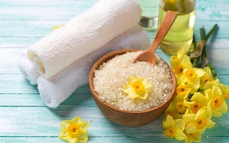 Relaxing Spa - spoon, bowl, salt, daffodils, wood, oil, bottle, towels, flowers