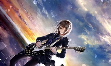 Playing guitar - playing instrument, girl, guitar, anime, music