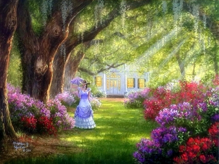 Lady Daydream - sunlight, trees, summer, attractions in dreams, paintings, spring, colors, home, flowers, nature, lady, garden, love four seasons