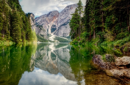 Lake serenity - lake, trees, hills, mountain, shore, serenity, calm, forest, beautiful, cliffs