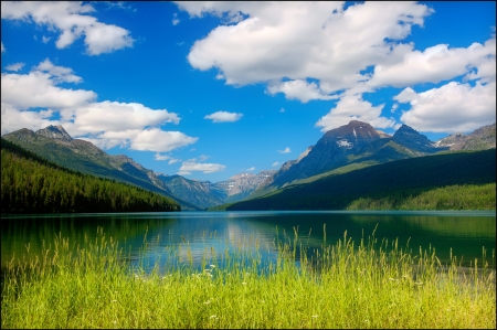 Tranquility - clouds, reflections, beautiful, tranquil, grass, mountain, serenity, lake, sky