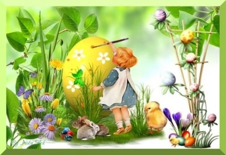 Easter preparations - vegetation, eggs, spring, holidays, Easter, creative, flowers, chicks, colored, plants, other, abstract, paint, girl, brushes, colors, preparations, bunnies, little