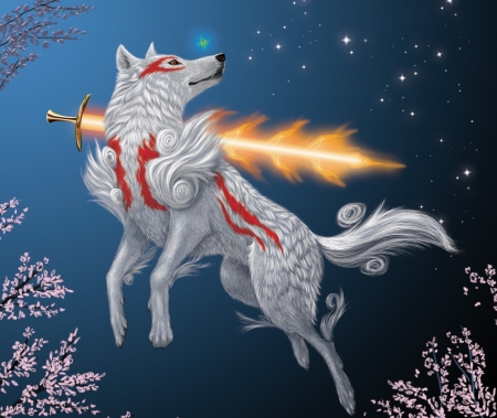 Okami - sword, animal, pink, lup, spring, blossom, blue, white, wolf, fantasy, okami, luminos