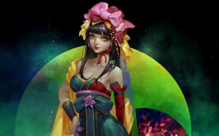 Fantasy girl - moon, beauty, woman, girl, fantasy, art, bow, game, yellow, pink, luminos, green, fumusete, luna