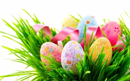 Happy Easter! - pink, egg, bouquet, yellow, grass, blue, easter, card, green