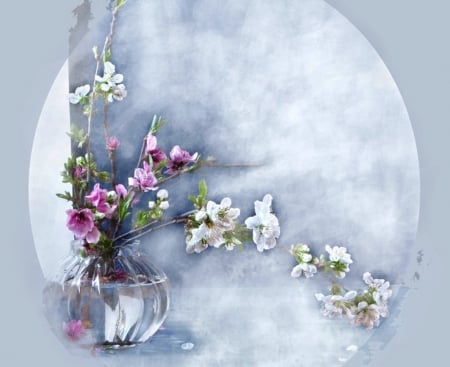 Spring - background, vase, other, spring, abstract, pink, blue, twig, flowers, tree