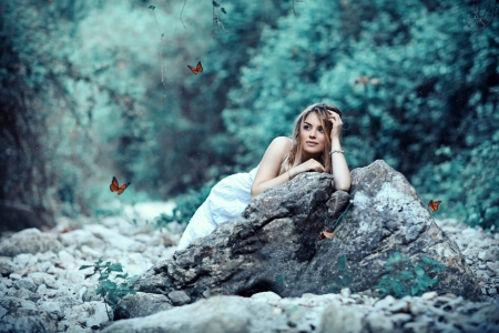 Daydreams and Butterflies - trees, female, butterflies, rock, dress, girl, stones, Spring, woman, bracelet, brunette, rocks