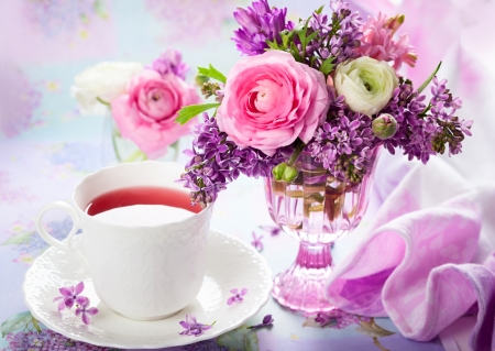 Tea Time - tea, purple, flowers, cup