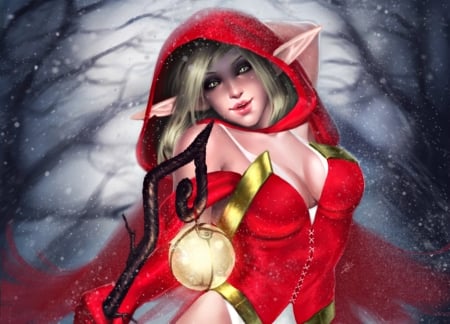 Red elfie - winter, girl, forest, magical, red elfie, fantasy, woman, ayyasap, art