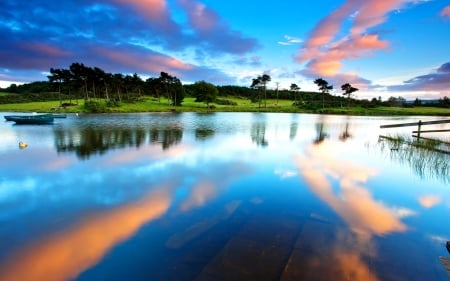 Lake in Summer - summer, sky, lake, forest, reflection, clouds, trees, nature