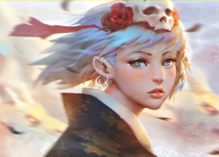 Wind - skull, woman, realistic, eyes, guweiz, anime girl, fantasy, wind, face, art, luminos, digital art, orange, paintings, girl, love four seasons, weird things people wear, blue, beautiful, flower