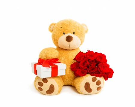 Happy Birthday! - flower, bouquet, toy, birthday, red, teddy bear, cute, box, gift