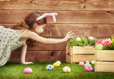 Happy Easter! - hunting, girl, easter, child, copil, bunny, ears, pink, green, egg