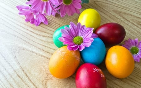 Happy Easter! - yellow, blue, spring, flower, pink, orange, easter, colorful, rainbow, red, green, egg, card