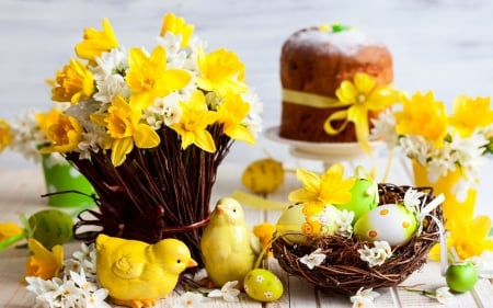 Happy Easter! - chicken, deco, spring, daffodils, flower, easter, basket, figurine, egg, card, cake