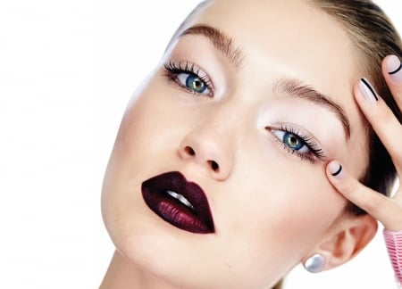 Gigi Hadid - girl, jewel, lips, make-up, white, hand, red, woman, model, Gigi Hadid, face