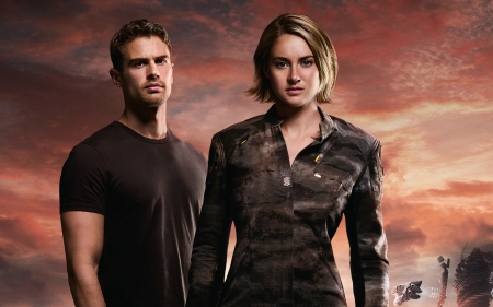 Allegiant (2016) - four, girl, Theo James, orange, allegiant, man, black, fantasy, Shailene Woodley, woman, movie, tris, divergent series, couple