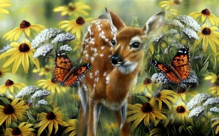 Deer - rebecca latham, yellow, flower, orange, pictura, animal, deer, green, painting, butterfly, cute, art, luminos