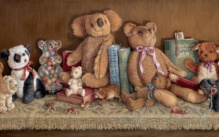 Toys and books - pictura, painting, book, teddy bear, art, toy, janet kruskamp