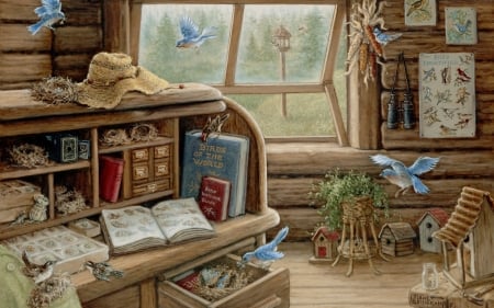 Birds in the workshop - pictura, room, janet kruskamp, bird, interior, painting, blue, art