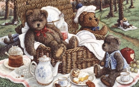 Teddies on picnic - picnic, toy, janet kruskamp, basket, painting, art, pictura, cute, teddy bear