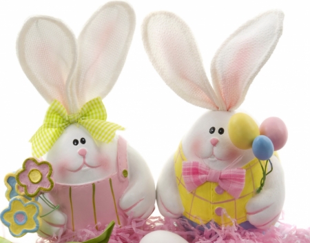 Happy Easter! - figurine, easter, bunny, balloon, white, yellow, card, cute, flower