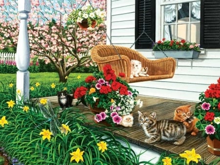 In the Swing of It - pots, blossoms, shutters, wood, window, grass, daffodils, flowers, porch, kittens, cats, yard, dragonfly, curtains, drapes, fence, tree, chair, swing