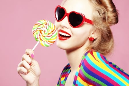 Have a sweet day! - heart, girl, pink, colorful, lips, smile, lollipop, red, woman, model, sunglasses, candy