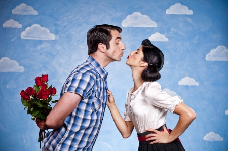 Kiss - woman, couple, valentine, white, kiss, man, red, blue, flower