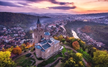 Veliko Tarnovo, Bulgaria - clouds, hills, sunset, landscape, church, sky