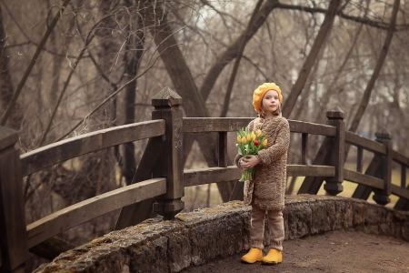 áƒ¦ - girl, tulips, sweet, flowers, child, bridge