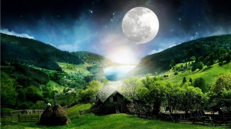 In the Country - cottage, sky, lake, farm, full moon, house, country