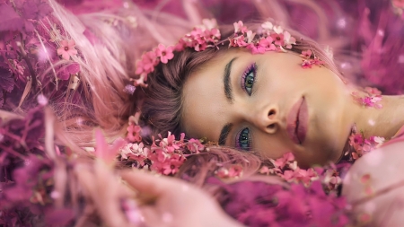 Girl and pink flowers