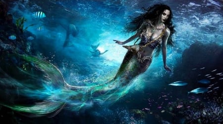 The sea of sirens - woman, serene, female, girl, fantasy, underwater, art, pretty, blue, beautiful, mermaid, digital