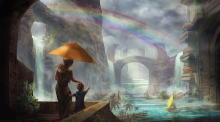 The rainbow - water, blue, ship, samuel mukiri, orange, child, fantasy, umbrella, rainbow, woman, mother, art