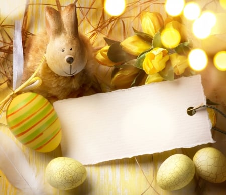 Happy Easter! - white, bokeh, yellow, easter, card, egg, bunny, flower