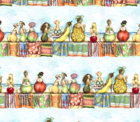 WOMAN ARE SEEN AS - PATTERN, FRUIT, SHAPES, WOMAN, FABRIC