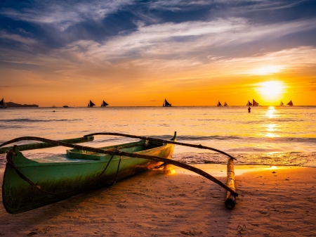 Sea Sunset - clouds, sunset, nature, beach, boat, sea, reflection