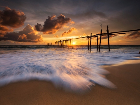 Beach at Sunset - sand, clouds, beach, sunset, nature