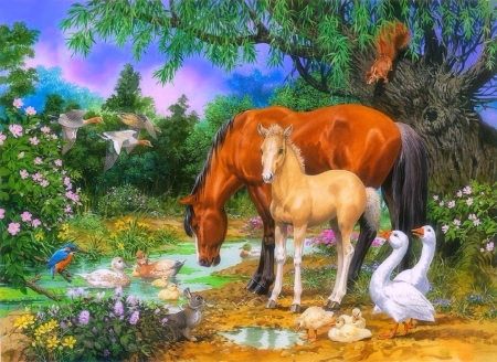 Foal and Mare - wildlife, summer, love four seasons, attractions in dreams, streams, flowers, spring, ducks, forests, geese, nature, paintings