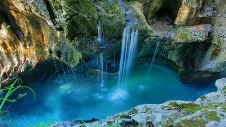 waterfall - waters, blue, rocks, falls