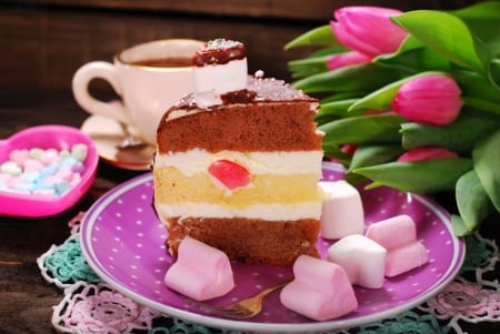 ♥ - flowers, tulips, cake, pink