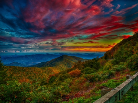 Glowing Sunset - nature, sky, trees, glowing, clouds, mountains, sunset