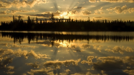 River in Reflection  - clouds, trees, water, beach, silhouette, forest, reflection, river, nature, rays, spruce, pine, lake, sun, sky