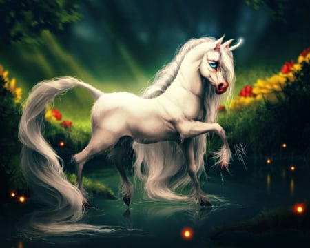 Little unicorn - white, horse, yellow, luminos, green, tira-owl, fantasy, unicorn